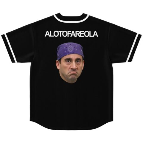 Black jersey back view with white trim, “ALOTOFAREOLA,” and stern portrait in purple patterned cap