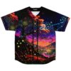 Front view of Psychedelic Forest jersey with button placket, geometric linework, butterflies, vivid sunset trees