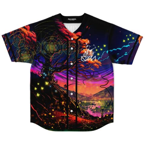 Front view of Psychedelic Forest jersey with button placket, geometric linework, butterflies, vivid sunset trees