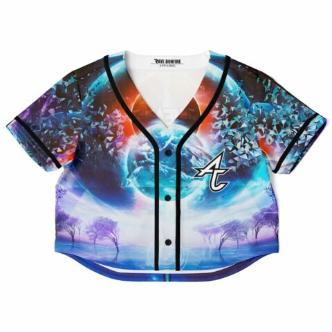Cropped baseball jersey with abstract galaxy pattern, back view