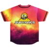 Fiery cloudscape jersey back with one-eyed cartoon creature, bold stylized lettering, and black-trimmed sleeves