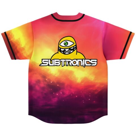 Fiery cloudscape jersey back with one-eyed cartoon creature, bold stylized lettering, and black-trimmed sleeves