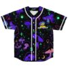 Black psychedelic mushroom-pattern jersey front view shows white piping, buttons, and a glowing one-eyed emblem