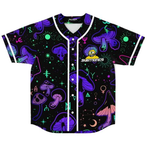 Black psychedelic mushroom-pattern jersey front view shows white piping, buttons, and a glowing one-eyed emblem