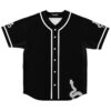 Front view of black baseball jersey with white piping, buttons, and a patterned snake hem