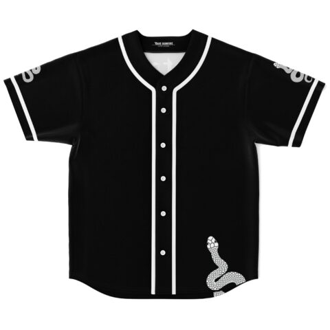 Front view of black baseball jersey with white piping, buttons, and a patterned snake hem