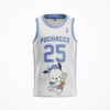 White basketball jersey with blue 25 and ice-cream cartoon print, front view