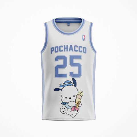White basketball jersey with blue 25 and ice-cream cartoon print, front view