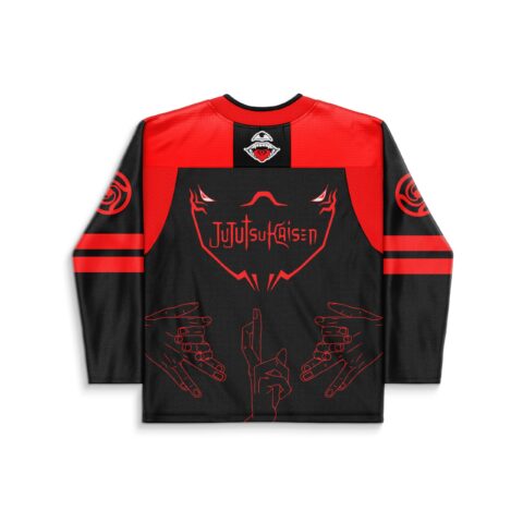 Red demon mask with hand-sign graphics and stylized lettering, back view for festival wear