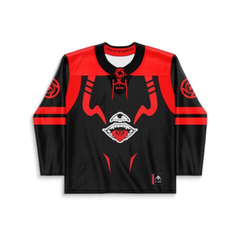Black and red demonic face graphic with lace-up collar, front view for festival wear