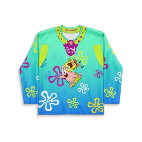 Cartoon-style sea friends on an aqua blue flower-pattern jersey, front view with “GOOFY MOMENTS” text