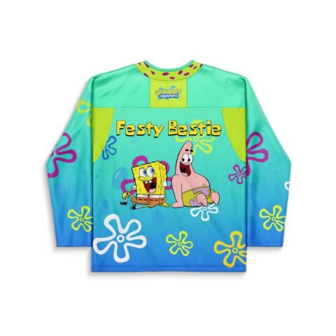 Cartoon-style sea friends on an aqua blue flower-pattern jersey, back view with “Festy Bestie” text