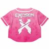 Back view of the pink rave cropped baseball jersey with large graphic text