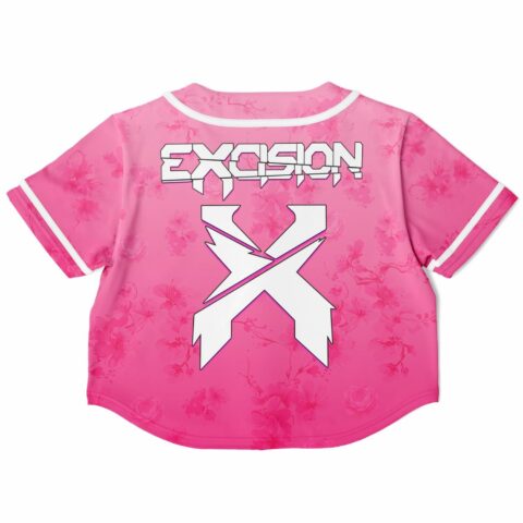Pink cropped baseball jersey back view with large graphic text