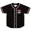 Black tonal skull-pattern baseball jersey with white piping and “SKULL SQUAD” chest text, front view