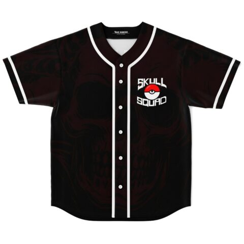 Black tonal skull-pattern baseball jersey with white piping and “SKULL SQUAD” chest text, front view