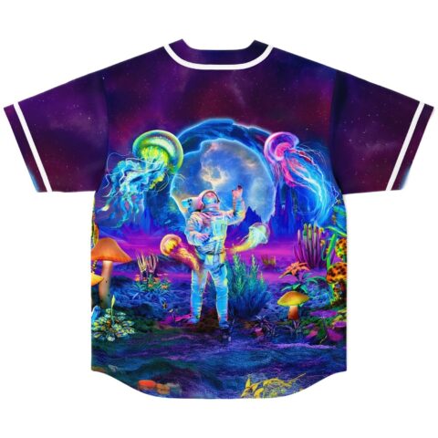 Nyte Lyte cosmic fantasy jersey, back view, featuring astronaut, glowing jellyfish, mushrooms, and otherworldly landscape