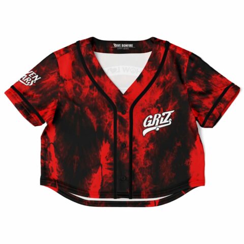 Red and black tie-dye cropped baseball jersey with logo
