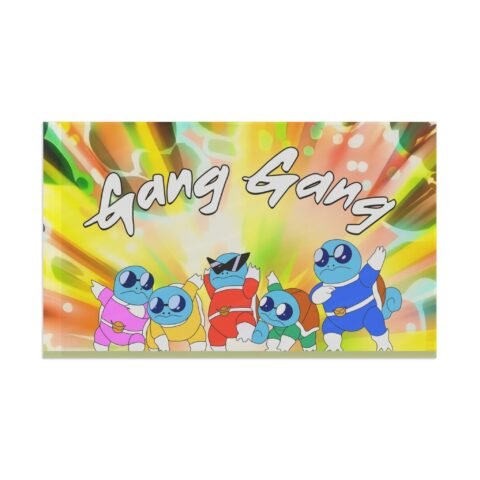 Cartoon-style turtle rave flag with five colorful heroes, neon burst background, Gang Gang text