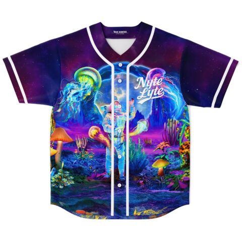 Nyte Lyte cosmic fantasy jersey, front view, with glowing jellyfish, astronaut, and mushrooms