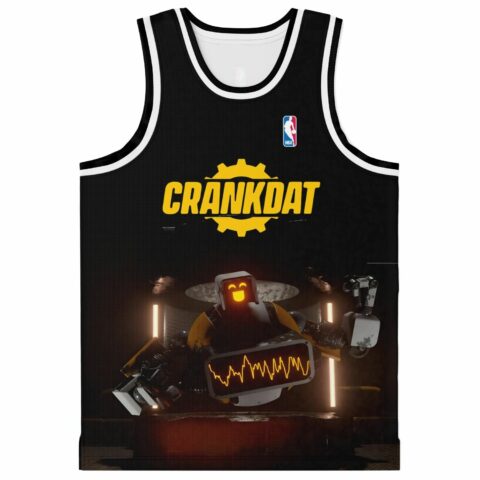 Black robot pulse graphic with yellow gear lettering, front view of a basketball jersey