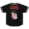 Black splatter jersey back featuring red spiky lettering above a melting cartoon-style face, studio view