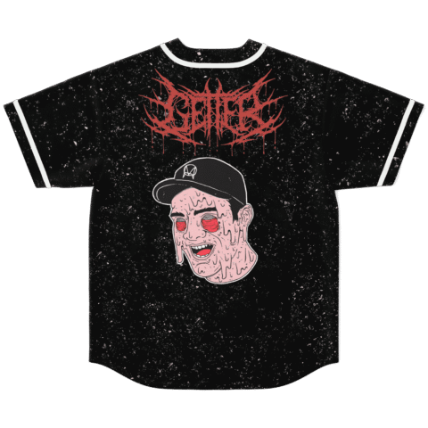 Black splatter jersey back featuring red spiky lettering above a melting cartoon-style face, studio view