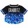 Back view of the black rave cropped baseball jersey with blue butterflies