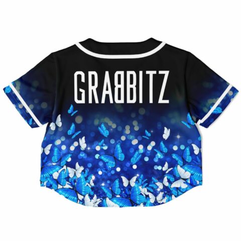 Black cropped baseball jersey back view with blue butterflies
