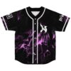 Black and purple liquid marble pattern jersey front with white piping and bold abstract emblem