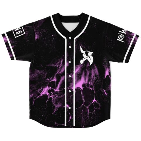 Black and purple liquid marble pattern jersey front with white piping and bold abstract emblem