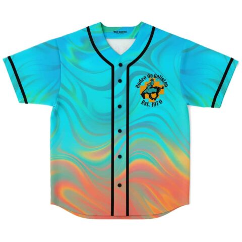 Turquoise neon swirl jersey front with cowboy riding graphic and “Rodeo de Galisteo Est. 1970”