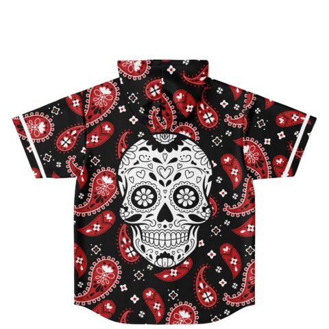 Black bandana paisley jersey featuring a large decorative skull graphic, back view on white background