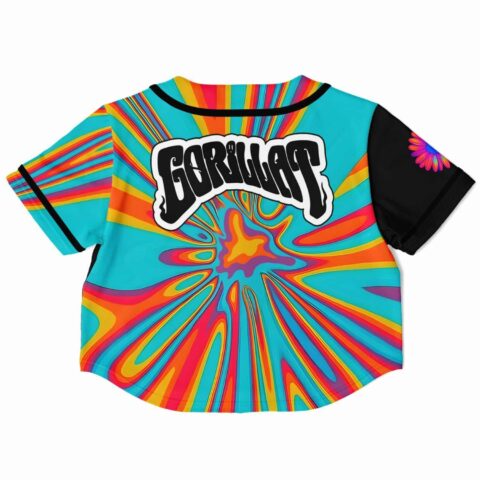 Back view of cropped jersey with bold text and swirling design