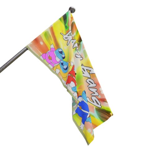Angled cartoon-style turtle flag with colorful heroes, neon burst print, and display pole