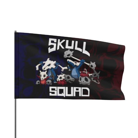 Waving skeleton crew flag with “SKULL SQUAD” lettering, displayed on a pole