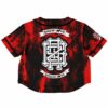 Red and black tie-dye rave cropped baseball jersey with back graphic, back view