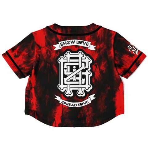 Red and black cropped baseball jersey back view with graphic
