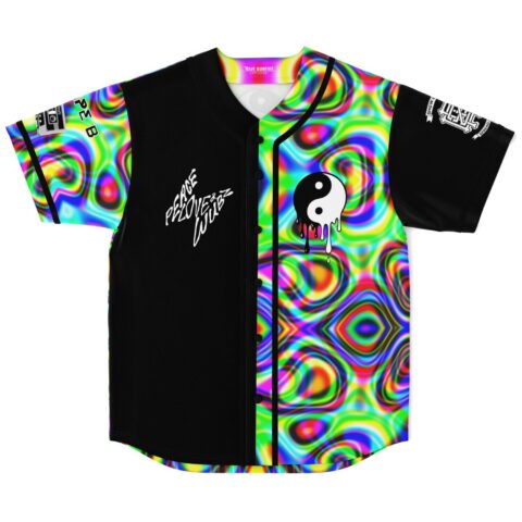 Front view of kaleidoscopic liquid jersey with black panels, yin-yang, and PEACE LOVE UNITY text