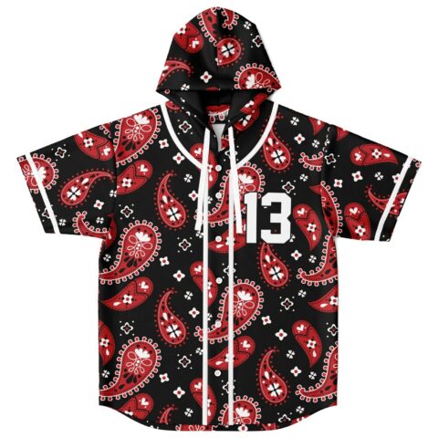 Black bandana paisley hooded jersey with white number 13, front view on white background