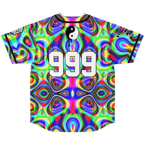 Back view showcases kaleidoscopic liquid pattern, dripping yin-yang emblem, and bold white 999 number