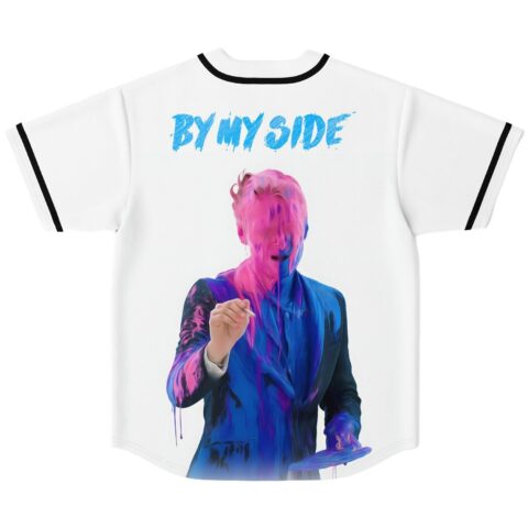 White jersey with neon painted figure and “BY MY SIDE” text, back view, white background