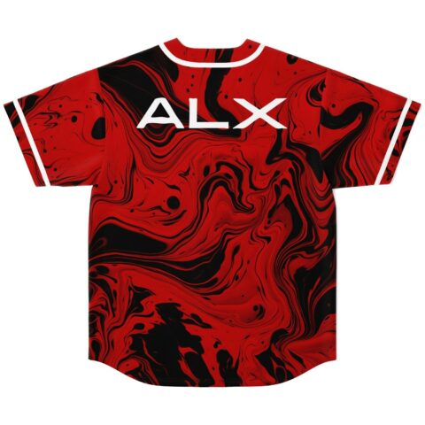 Red and black liquid swirl jersey back featuring readable ALX lettering and white trim