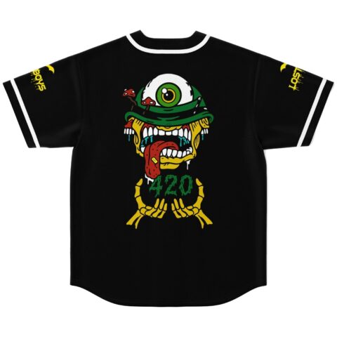 Black back view featuring a one-eyed monster graphic with mushrooms, dripping teeth, and skeletal hands