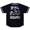 Black skull-pattern baseball jersey featuring cartoon-style skeleton creatures and “SKULL SQUAD” lettering, back view
