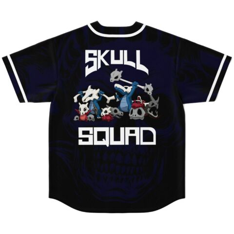 Black skull-pattern baseball jersey featuring cartoon-style skeleton creatures and “SKULL SQUAD” lettering, back view