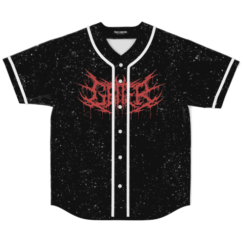 Black splatter jersey front with red spiky death-metal-inspired graphic and white piping, studio view