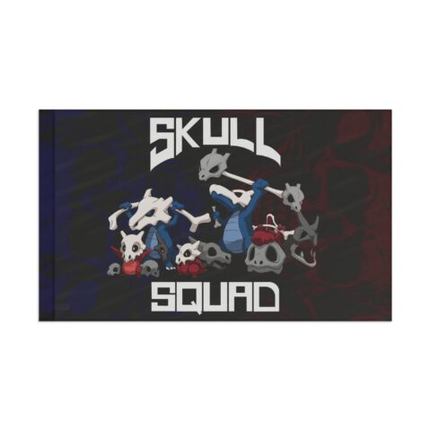 Cartoon-style skeleton crew design with “SKULL SQUAD” text on a dark navy flag, front view