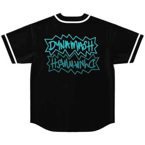 Black jersey back featuring oversized turquoise DYNAMASH graffiti lettering with white trim in studio view