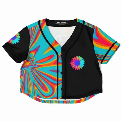 Colorful psychedelic cropped baseball jersey with floral pattern